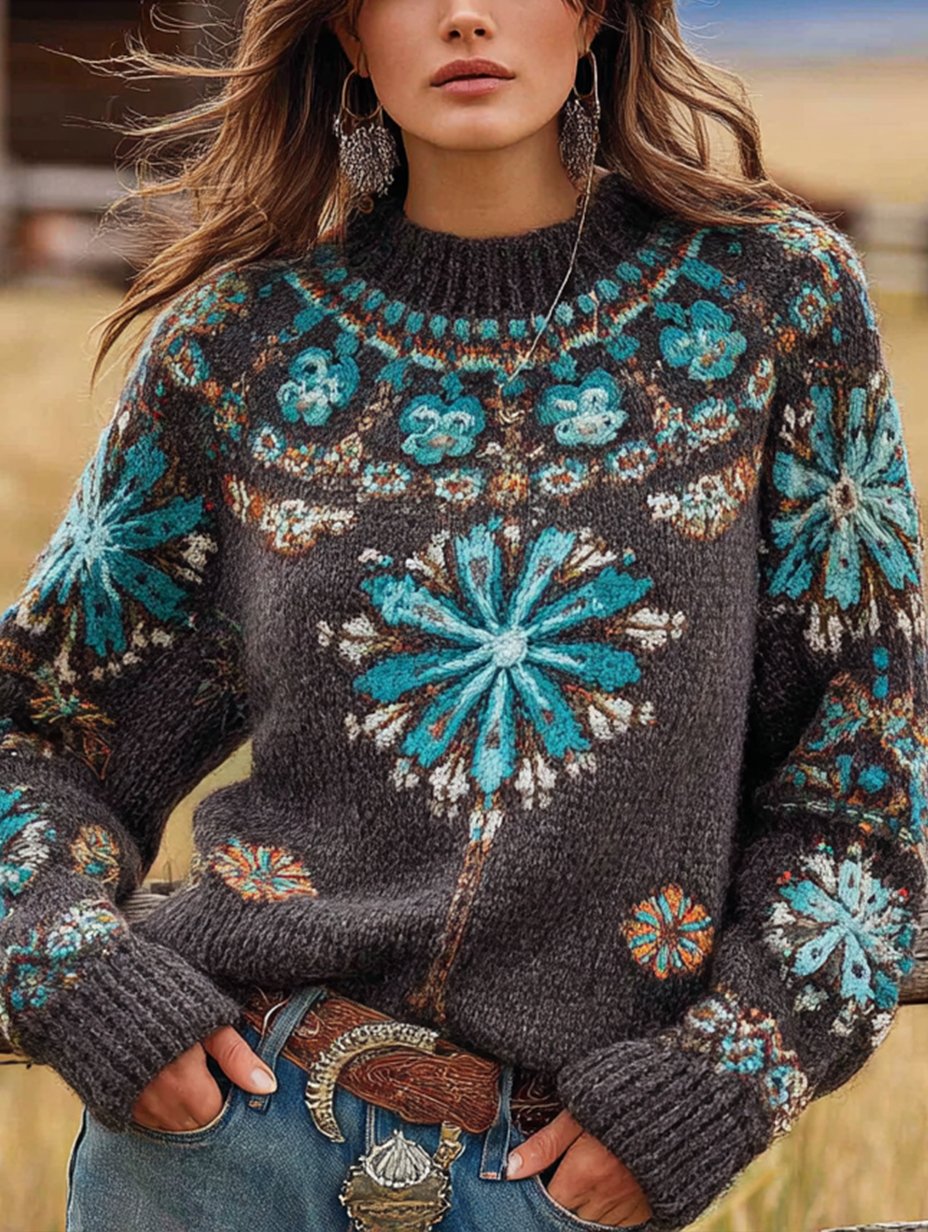 Women's Vintage Western Crew Neck Knit Sweater