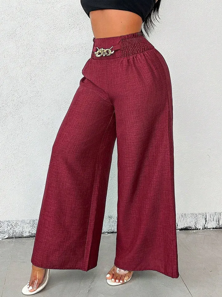 Women's Solid Color High-Waisted Pants, Stretchable Loose-Fitting Wide-Leg Trousers