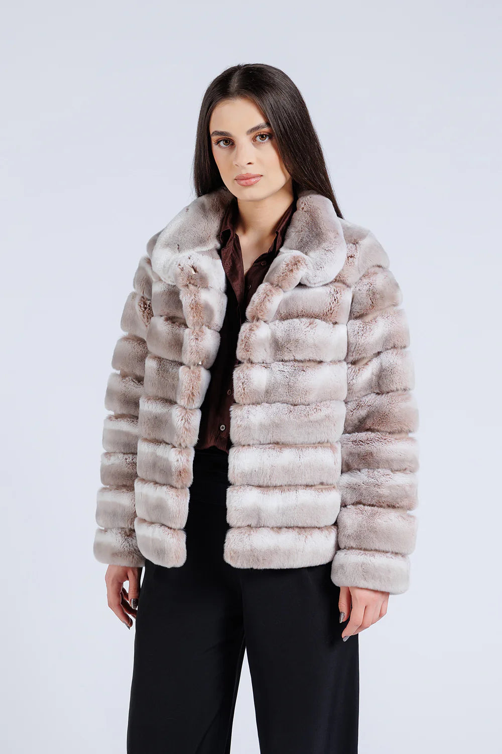 Haină din Blană Naturală de Rex Chinchilla, Guler Tunică, Femei, Pearl 179