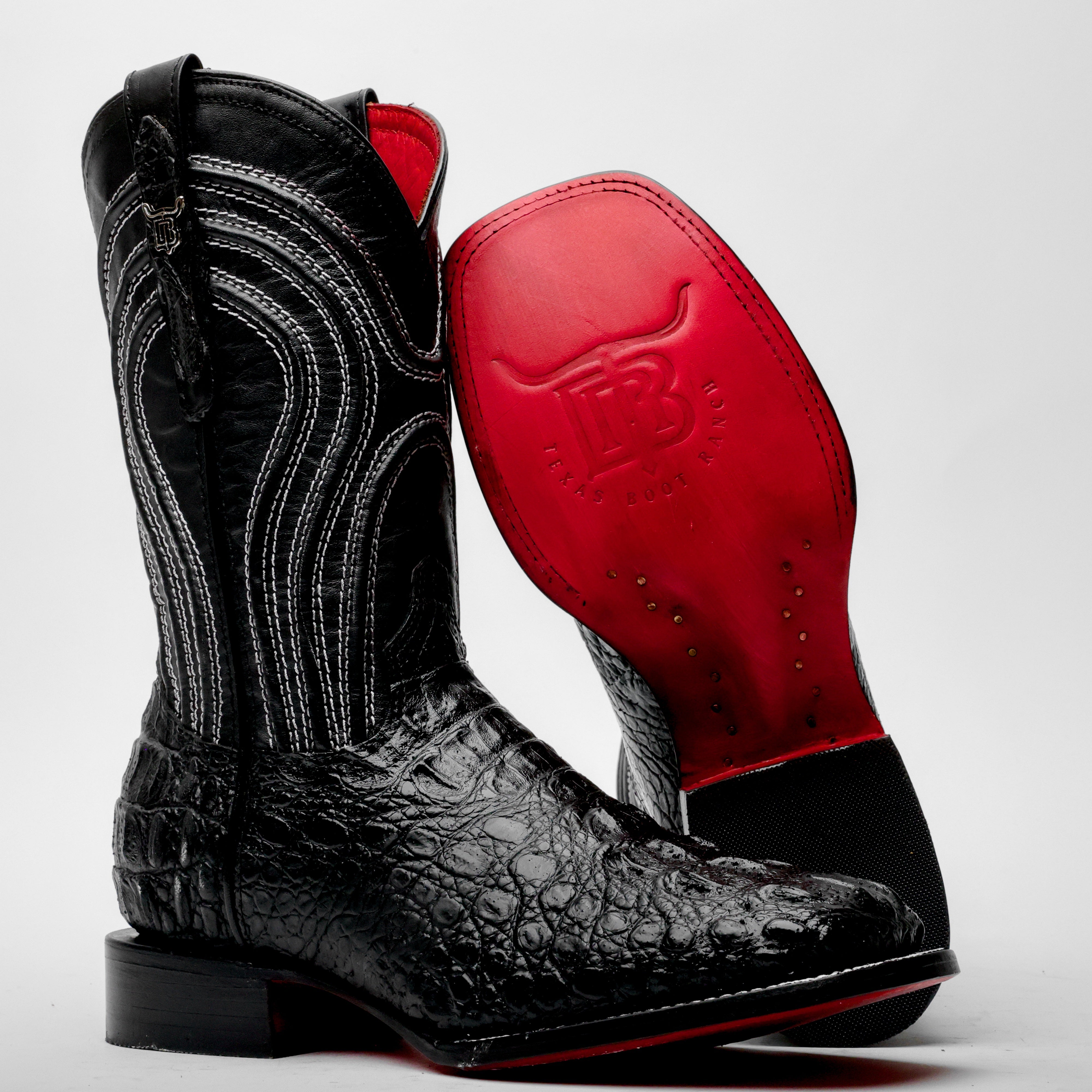 Black Caiman Neck Leather Boots - Square Toe