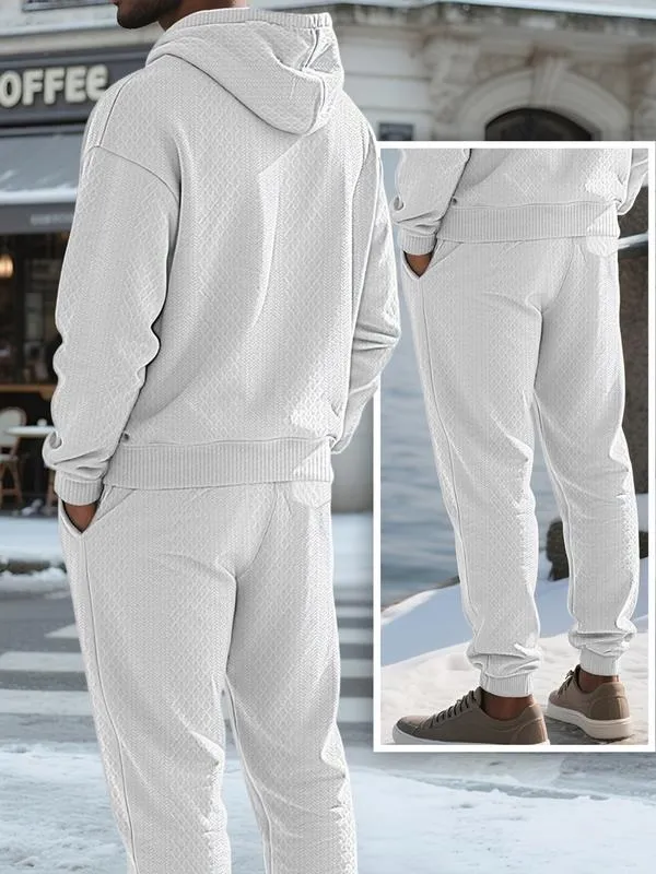 Two-piece men's solid color hooded sweatshirt and drawstring pants set