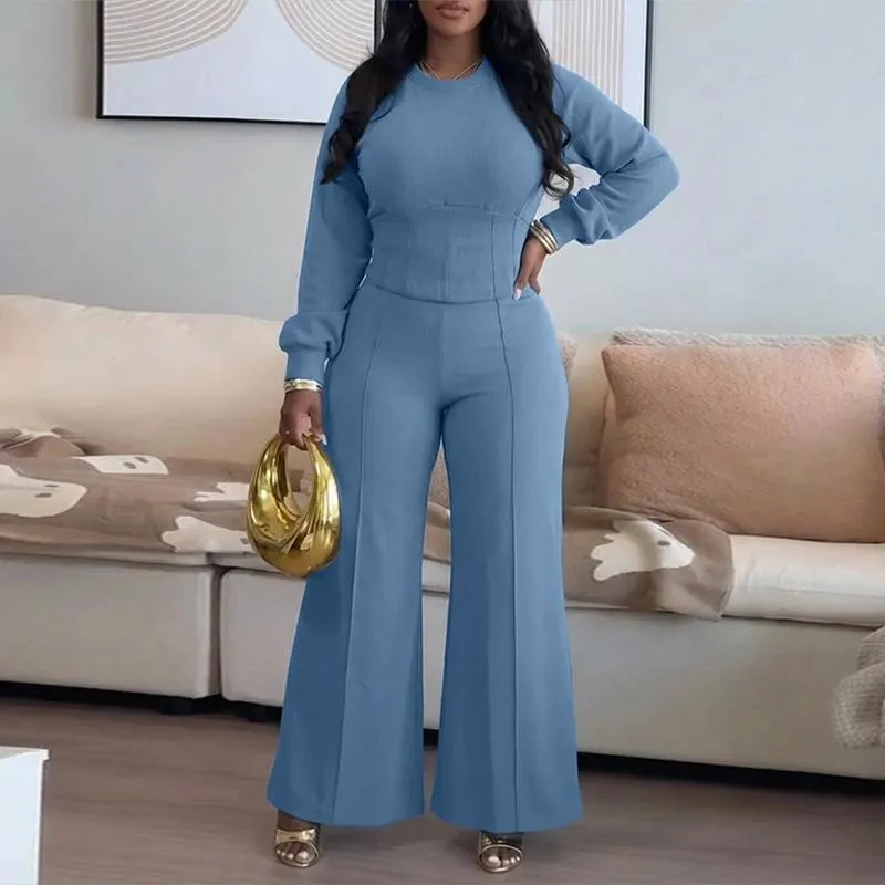 Women's 2 Pieces Outfit O-neck Long Sleeve Cinched Waist Sweatshirt and Elastic Waist Wide Leg Pants Set