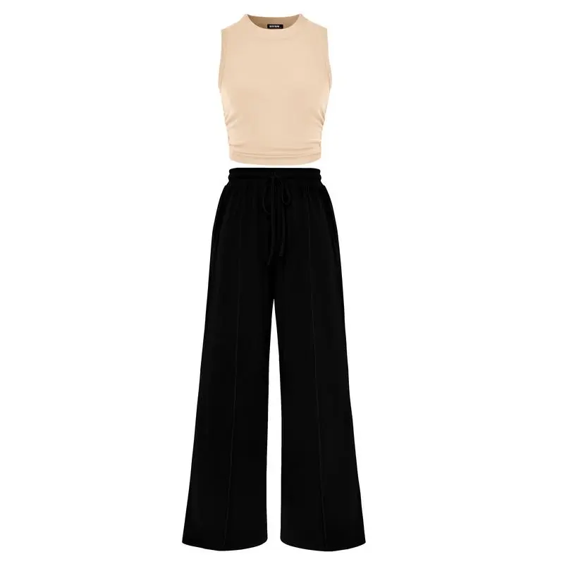 Women's Summer 2-Piece Outfits - Ribbed Knit Crew Neck Sleeveless Cropped Top & Wide Leg Pants Lounge Set