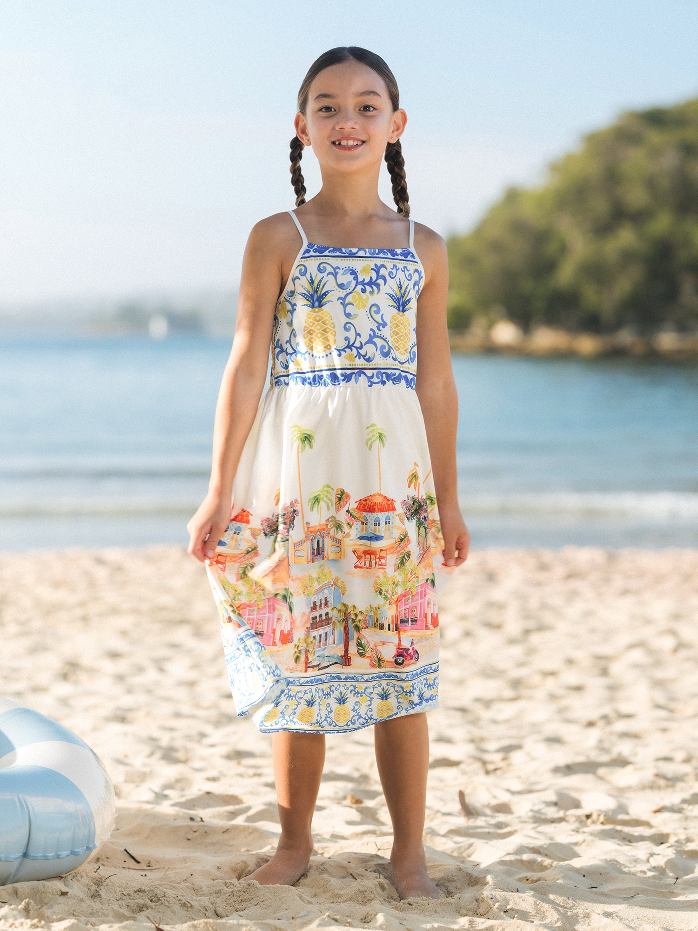 Family Matching Vacation Set Tropical Pineapple Coconut Tree Print Short-sleeve T-shirt or Hollow out Strap Dress for Summer Vacation  White