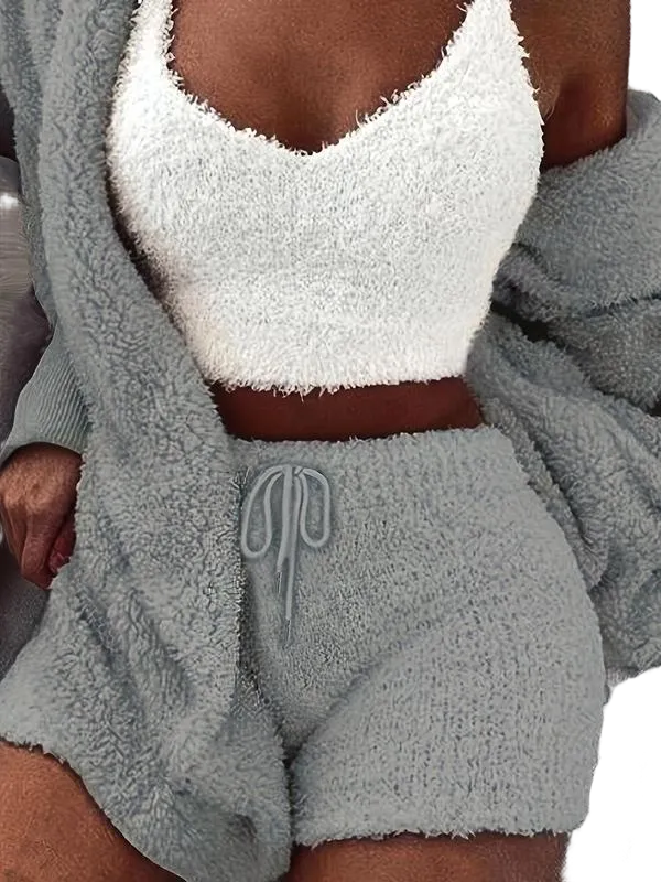 Women's Solid Color Plush Three-piece Pyjama Set