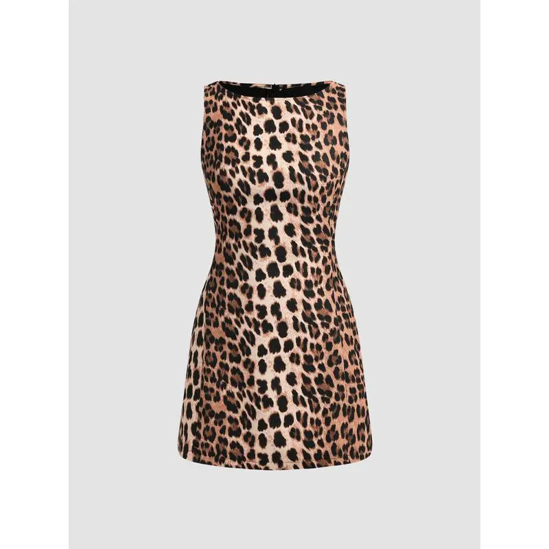 Boat Neck Leopard Print Zipper Mini Dress
