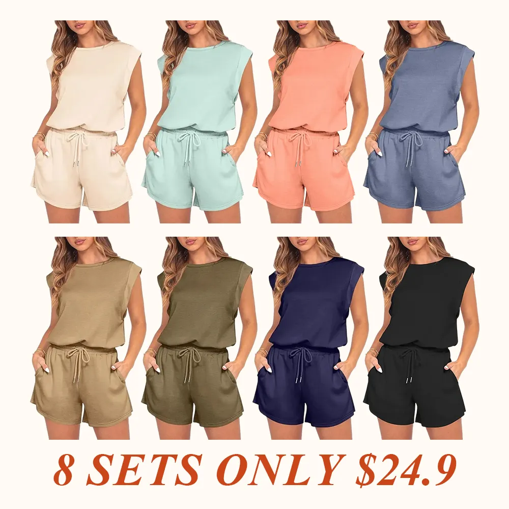 Women 2026 Summer Cap Sleeve Adjustable Drawstring Waistband Cozy Lounge Short Jumpsuit With Pocket