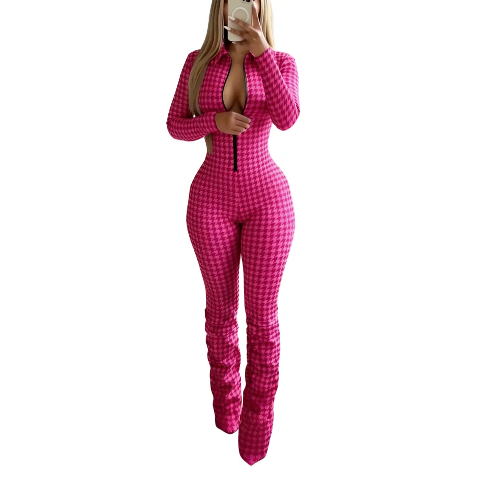 Women's timeless houndstooth jumpsuit with zipper closure