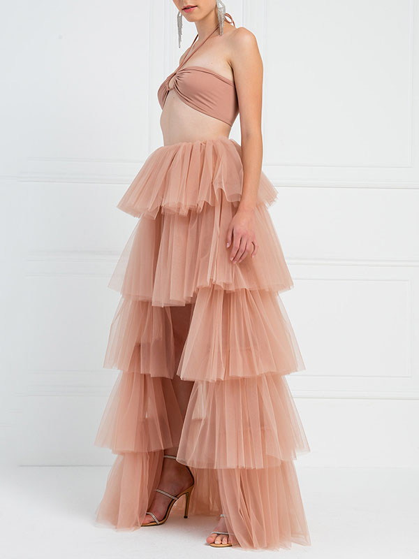 Solid Color Ruffled Pleated A-Line Asymmetric Skirt Bottoms