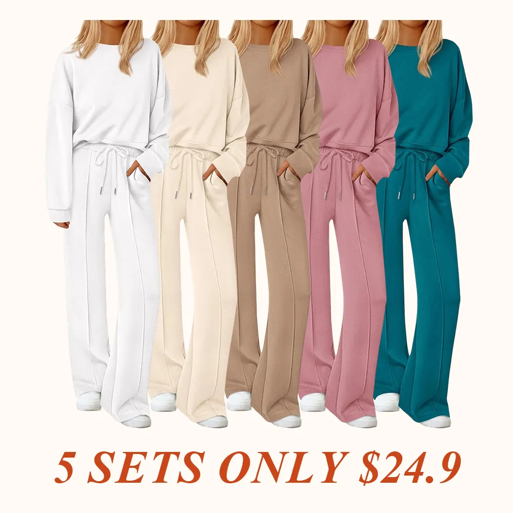 2 Piece Sets For Women Fall Trendy Long Sleeve Sweatshirt Wide Leg Pants Loungewear Set