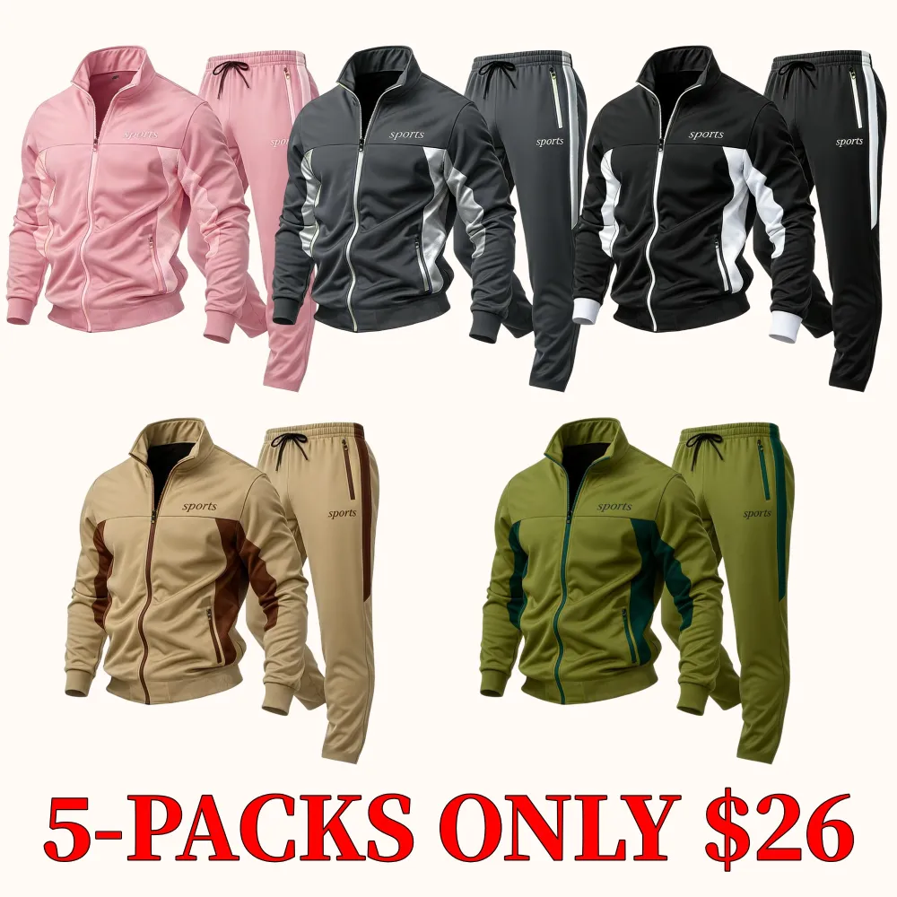 Men's casual stand-up collar jacket paired with sweatpants, breathable and comfortable.