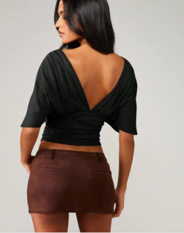 Women's Fashion Comfortable Casual Waist Cinched Slimming V-Neck Backless  Top