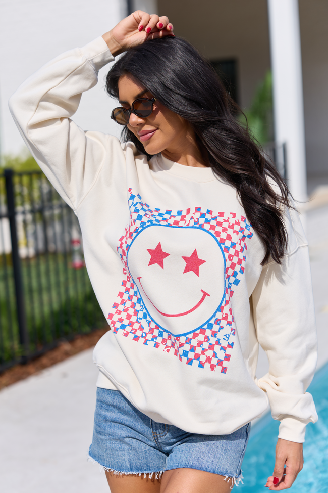 Multi Patriotic Smiley Checkered Cream Graphic Sweatshirt