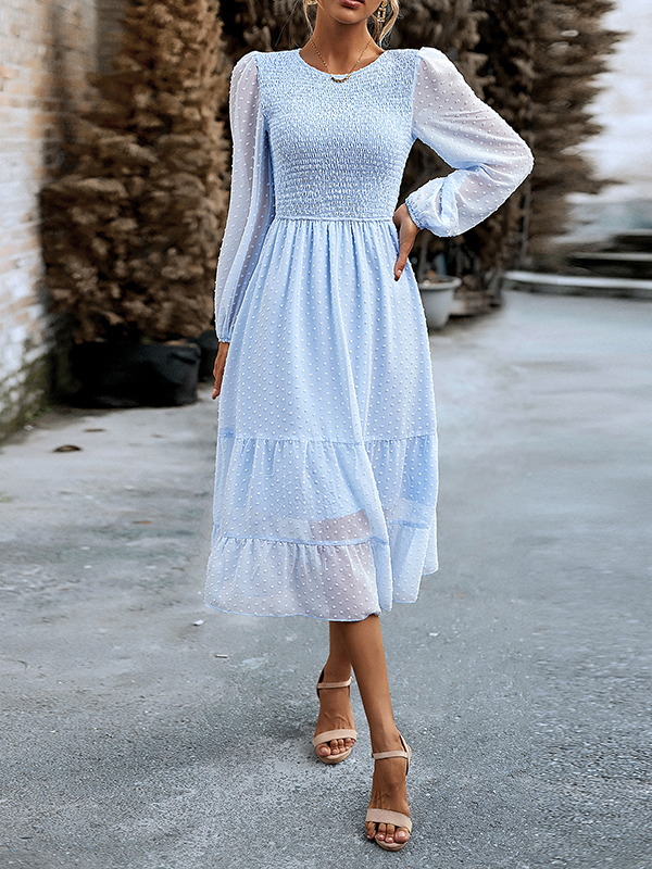 Elasticity Jacquard Solid Color Split-Joint A-Line Bishop Sleeve Round-Neck Midi Dresses