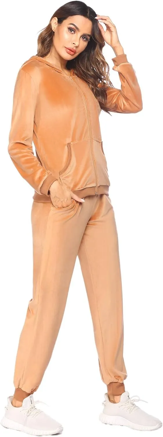 Women's Casual Velour Tracksuit Set Full Zipper Hoodie