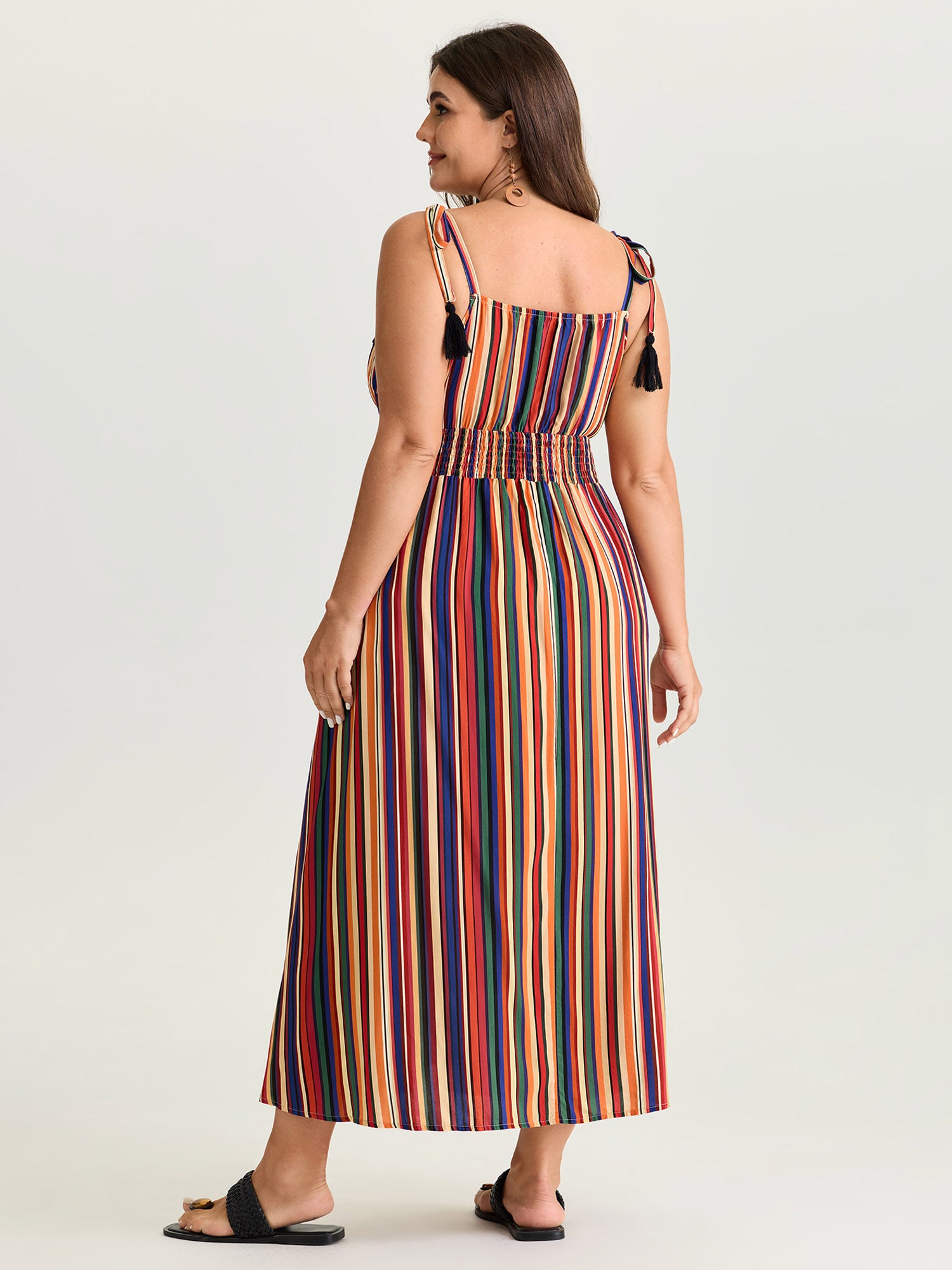 Colorful Stripe Shirred Waist Shoulder Tie Maxi Dress