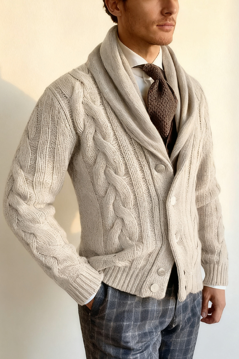 Men's Off-White Cable Knit Shawl Collar Cardigan