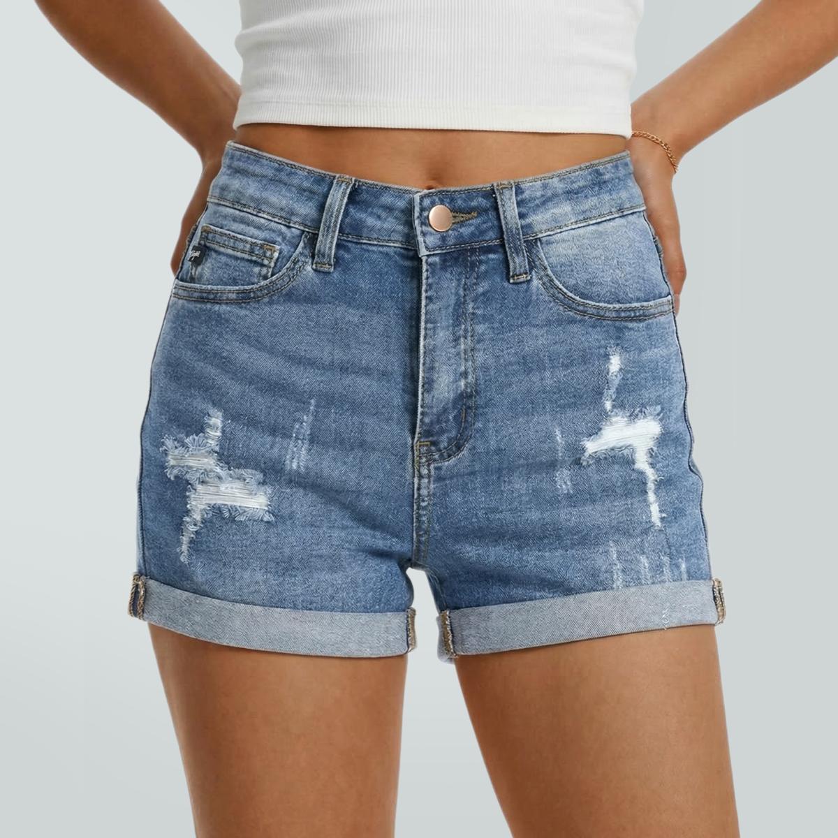 Mother's Day Sale💕Non-Stretch High Rise Raw Hem Ripped Jean Shorts Rigid Denim