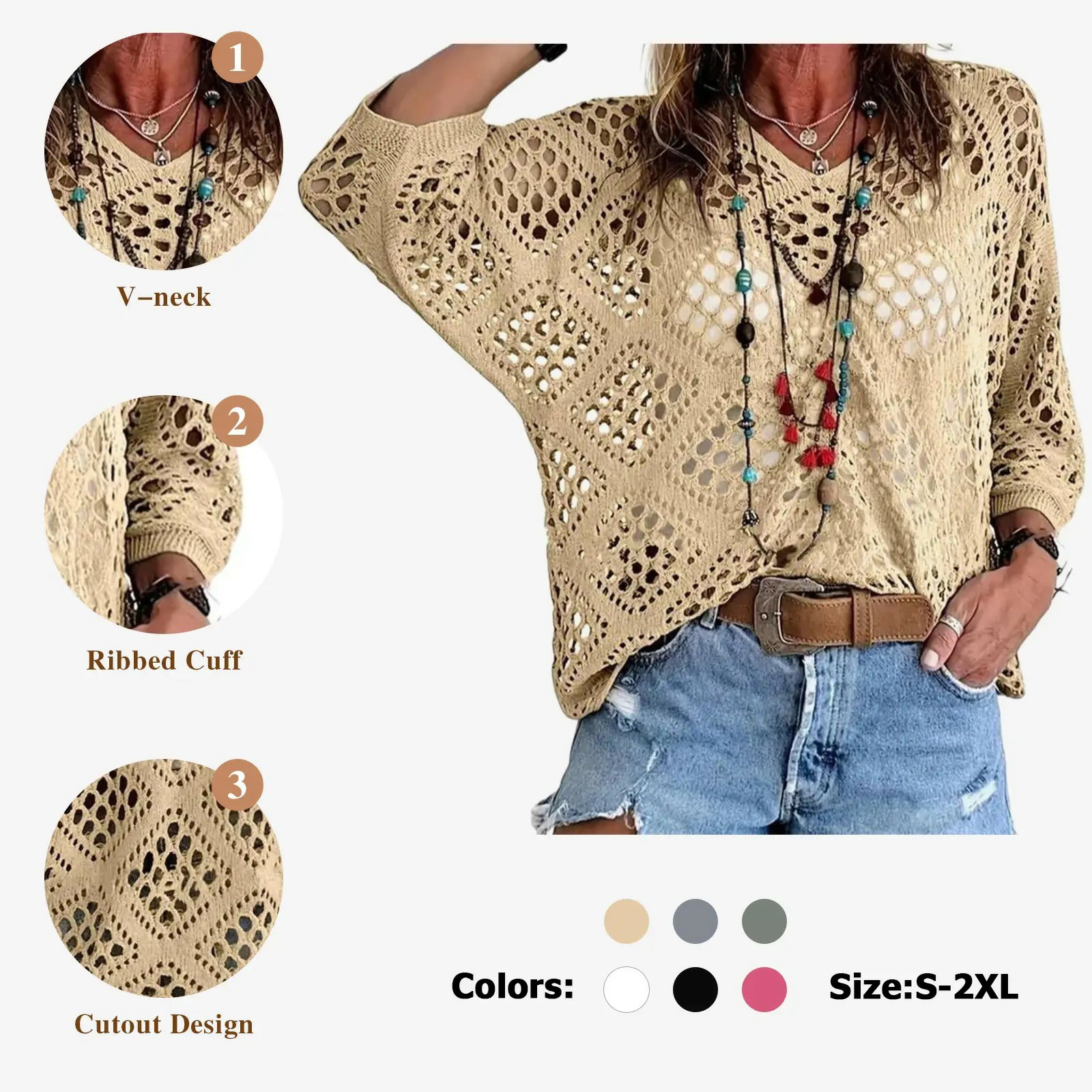 Women's Bohemian-Inspired Beige Crochet Top with V-Neck