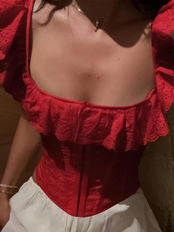 Women's Eyelet Embroidery Ruffle Trim Corset Blouse (Just $3 Each!)