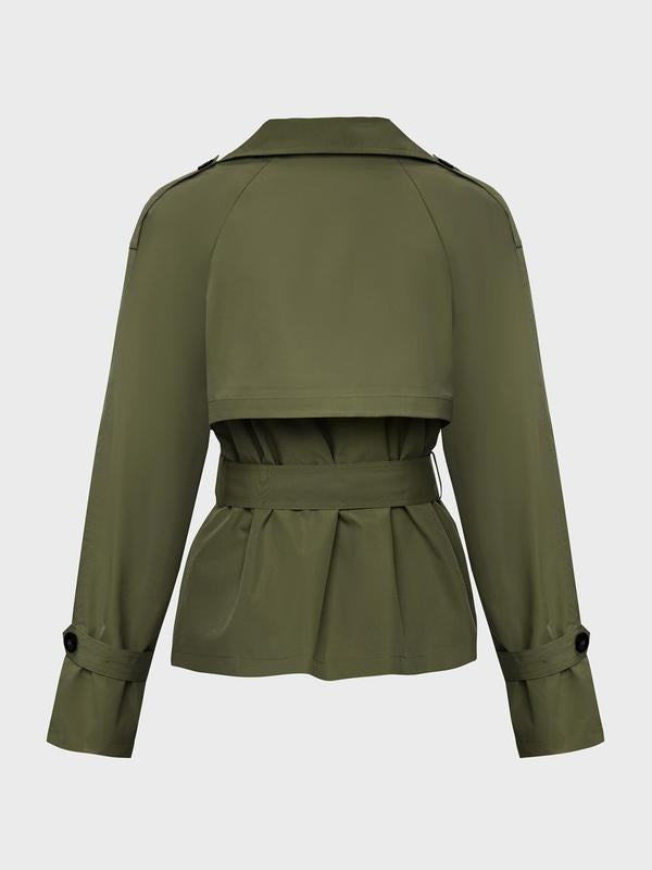 Trendy Solid Color Lapel Double Breasted Long Sleeve Trench Coat, Jackets