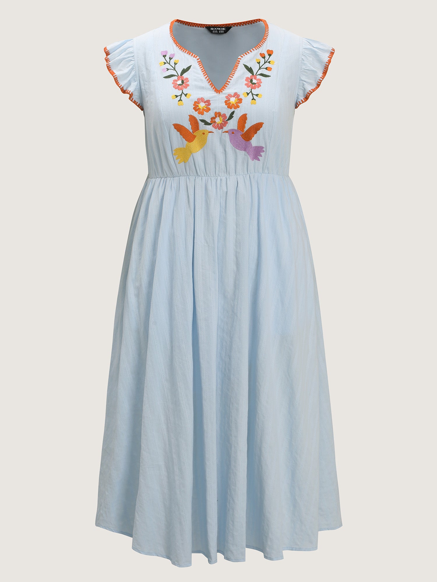Pure Cotton Embroidered Flutter Sleeve Midi Dress