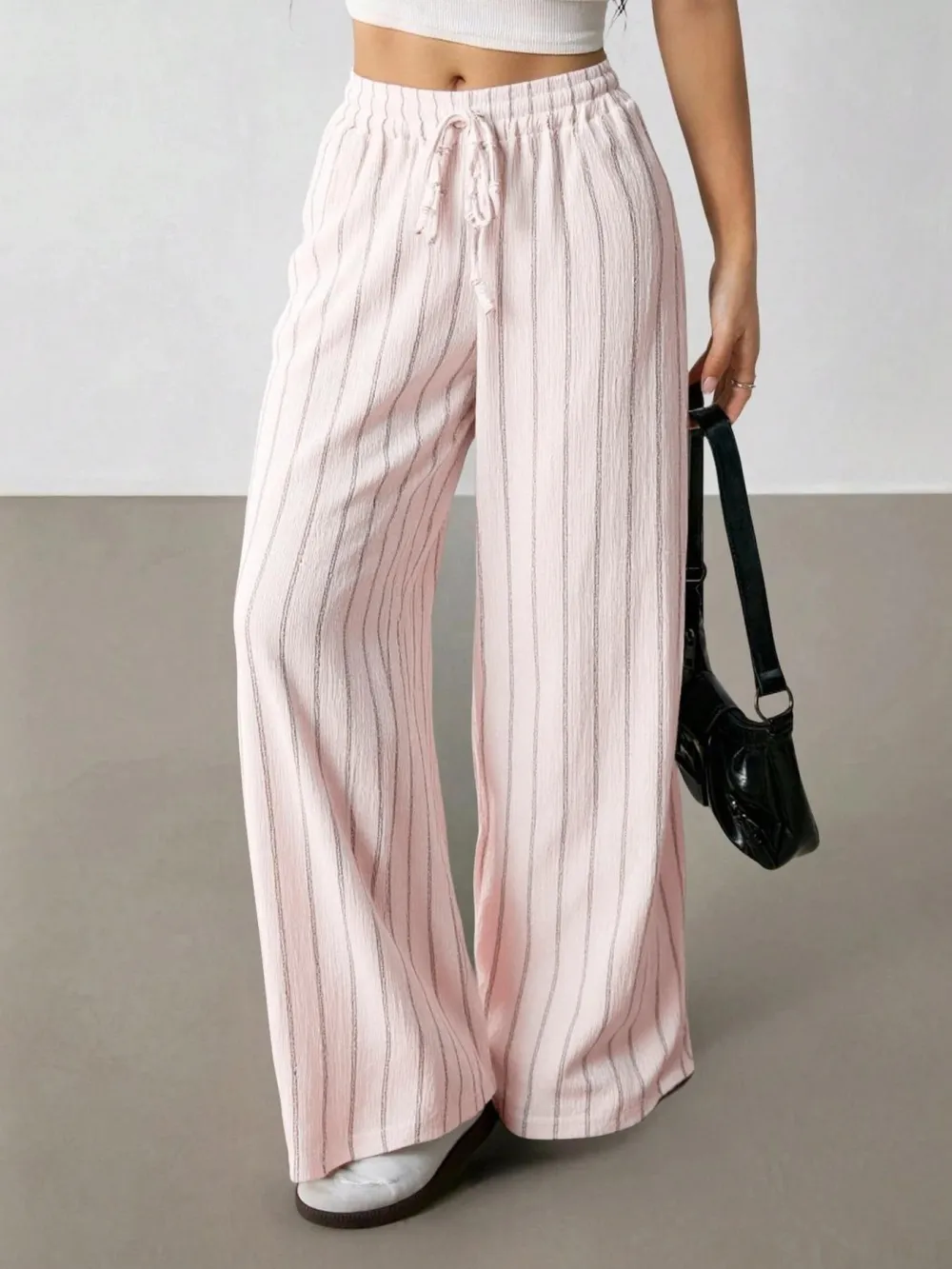 Women's Striped Waist Tie Straight Leg Loose Casual Belted Pants, Fitted Style