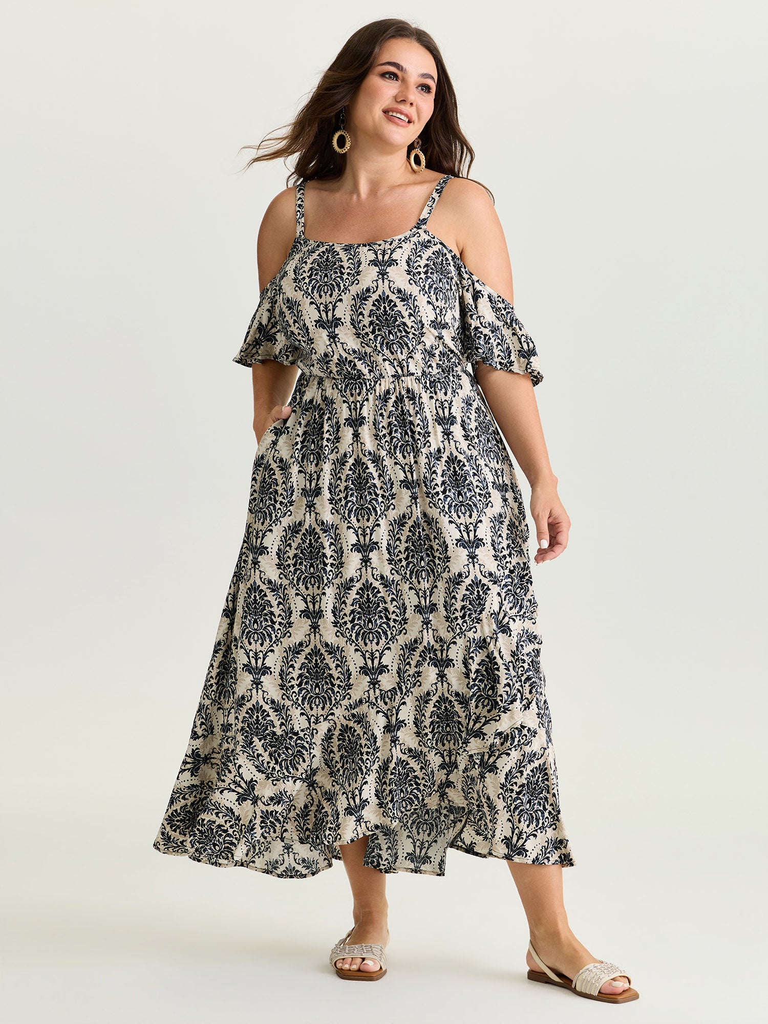 Ornate Print Cold-Shoulder Maxi Dress