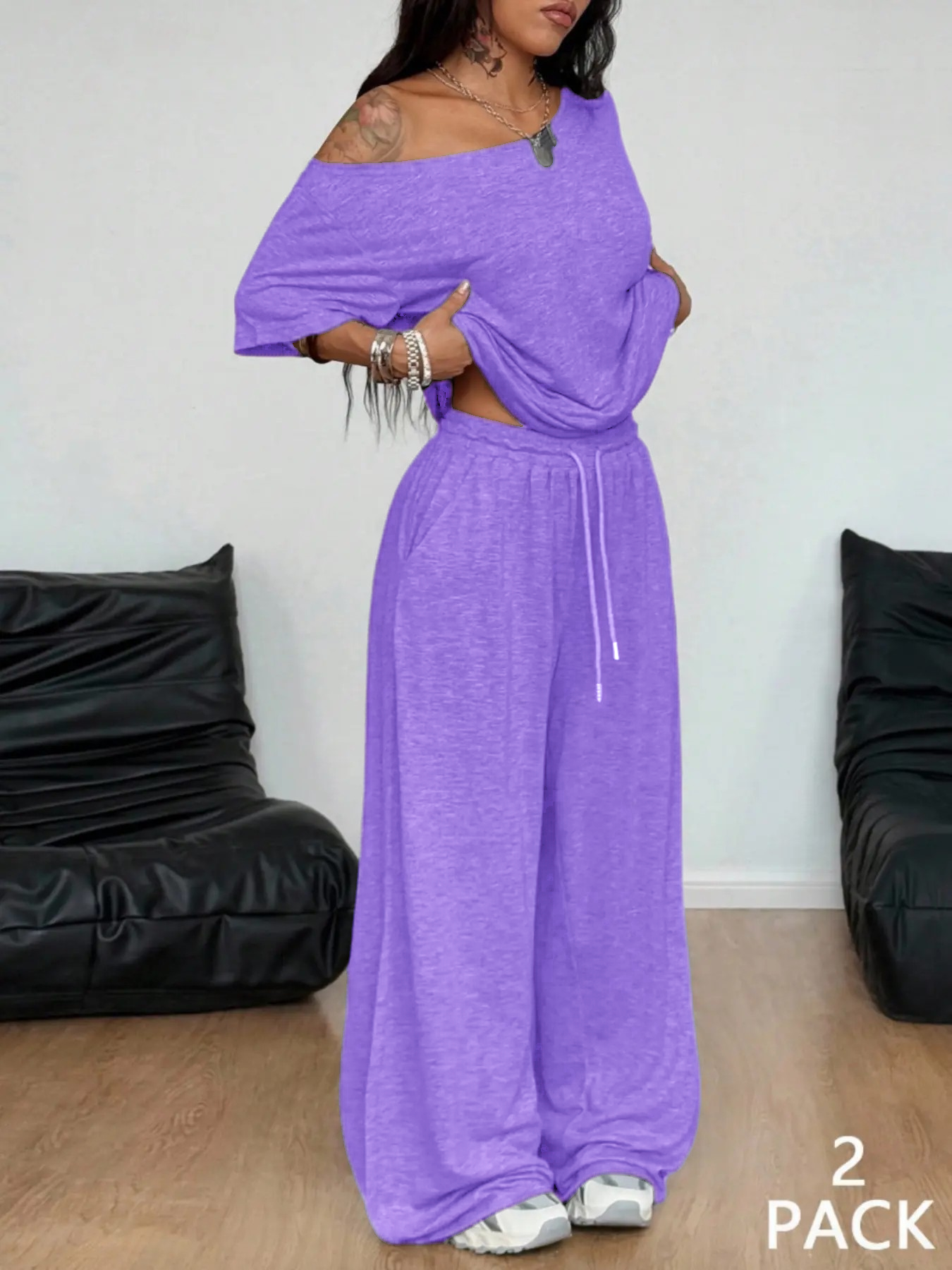 Women's Minimalist Basic Daily Wear Going Out Sport Comfortable Off Shoulder T-Shirt And Wide Leg Pants Two Pieces Outfits