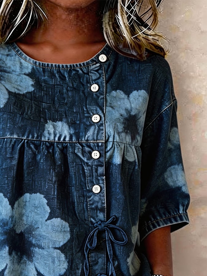 Women's denim casual printed short-sleeved top