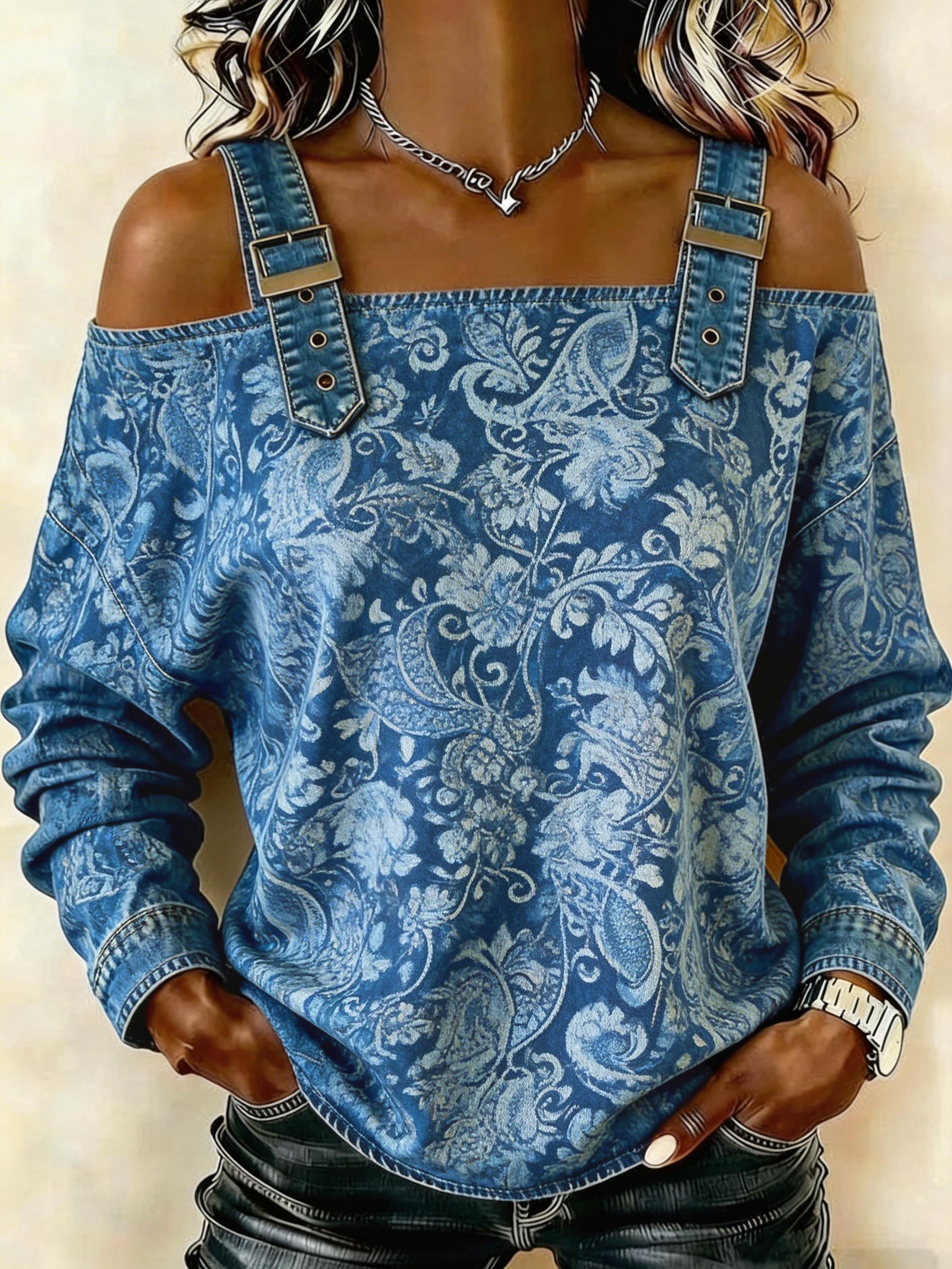 Women's denim casual jacquard off-shoulder top