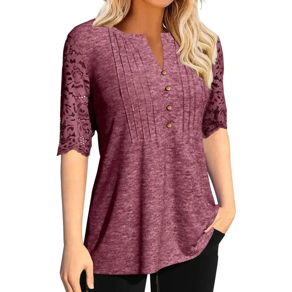 Women's Lace Sleeve Summer T-Shirt V-Neck Botton Up Basic Solid Color Casual Tunic Tops