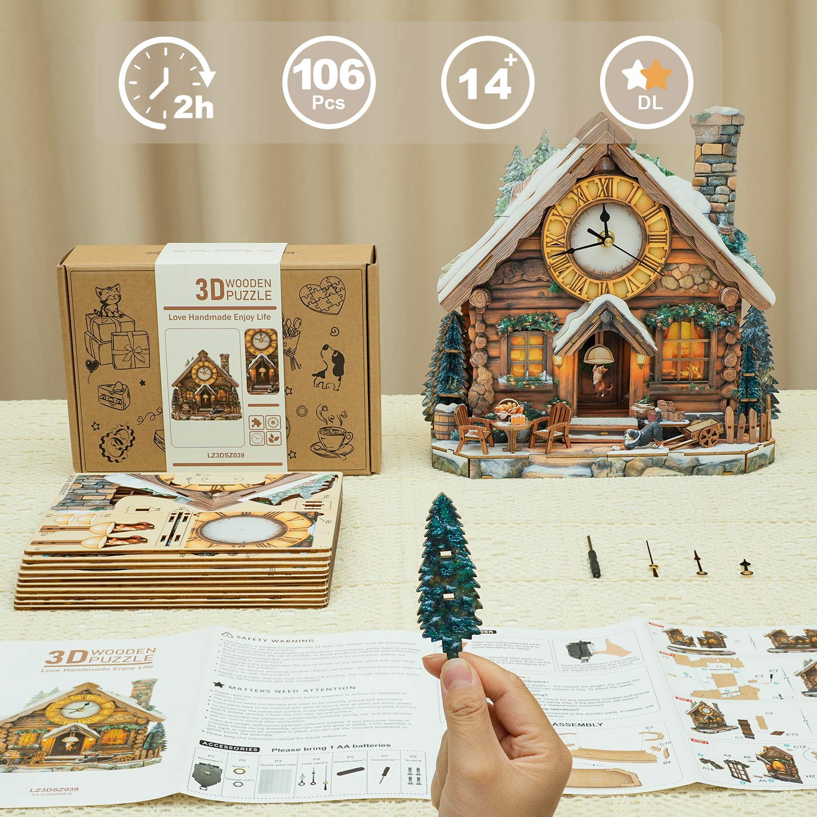 Swiss Chalet – DIY Wooden Clock, 3D Puzzle Craft Kit