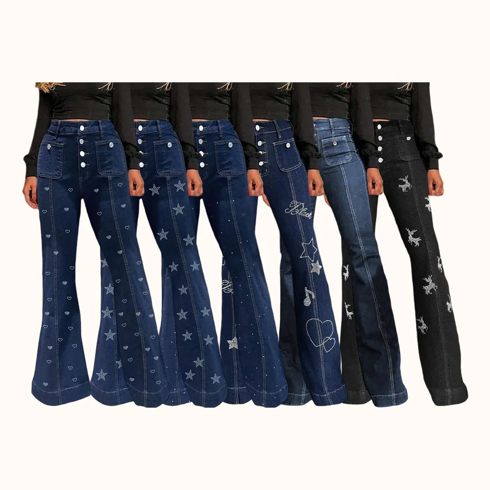 Women's Plain Flare Leg Jeans with Button & Pockets , Casual Bell Bottom Trousers for Daily Wear