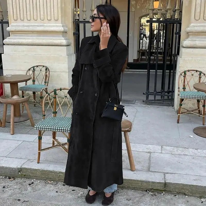 Women's faux suede long trench coat