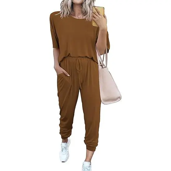 Women's 2-Piece Crew Neck Short Sleeve Tracksuit Jogger Set