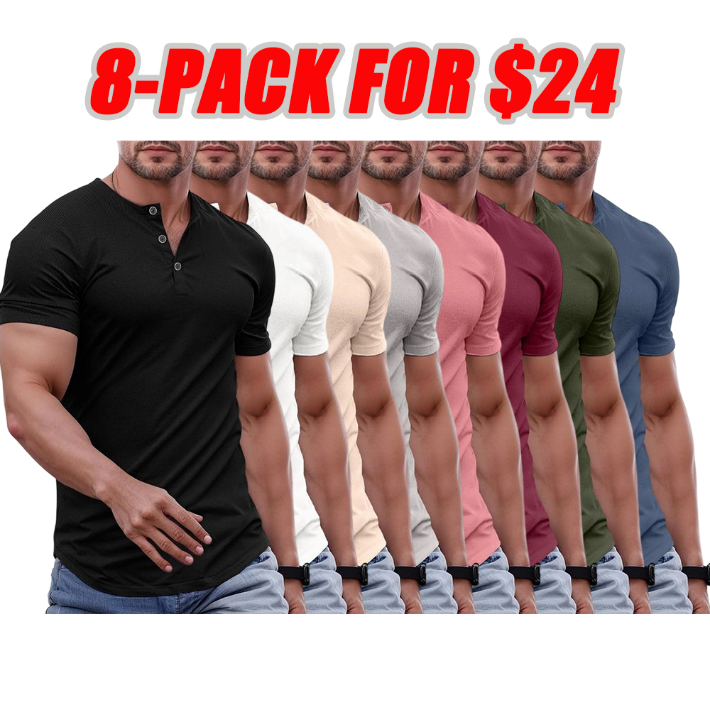 Men's Plain Muscle Slim Fitted Henley Shirts Crewneck Longline T-Shirt