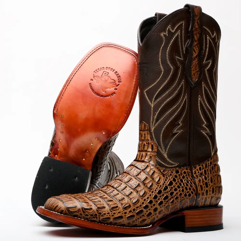 Honey Caiman Hornback Leather Boots - Square Toe