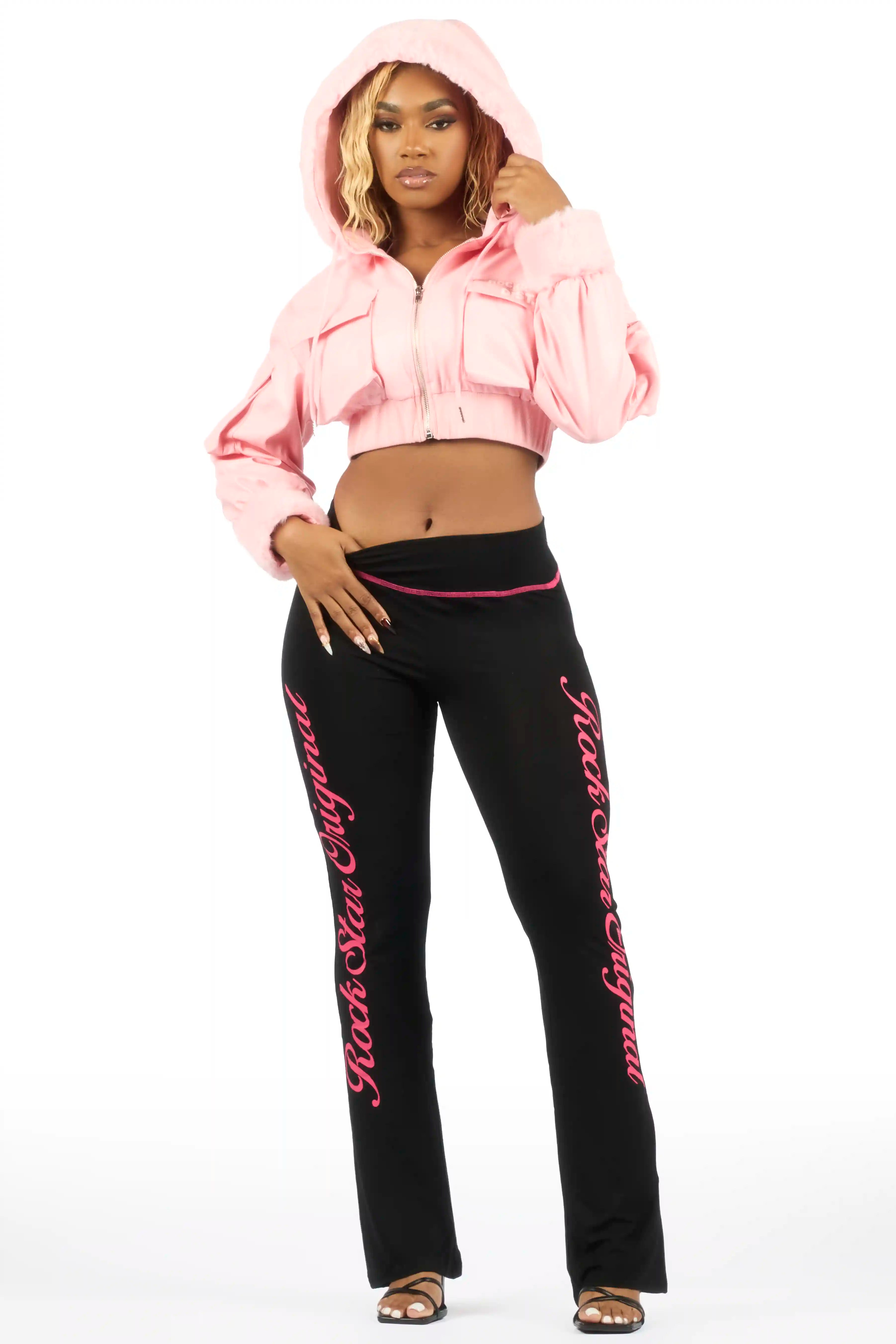 Amyia Pink PU Jacket With Fur Hood