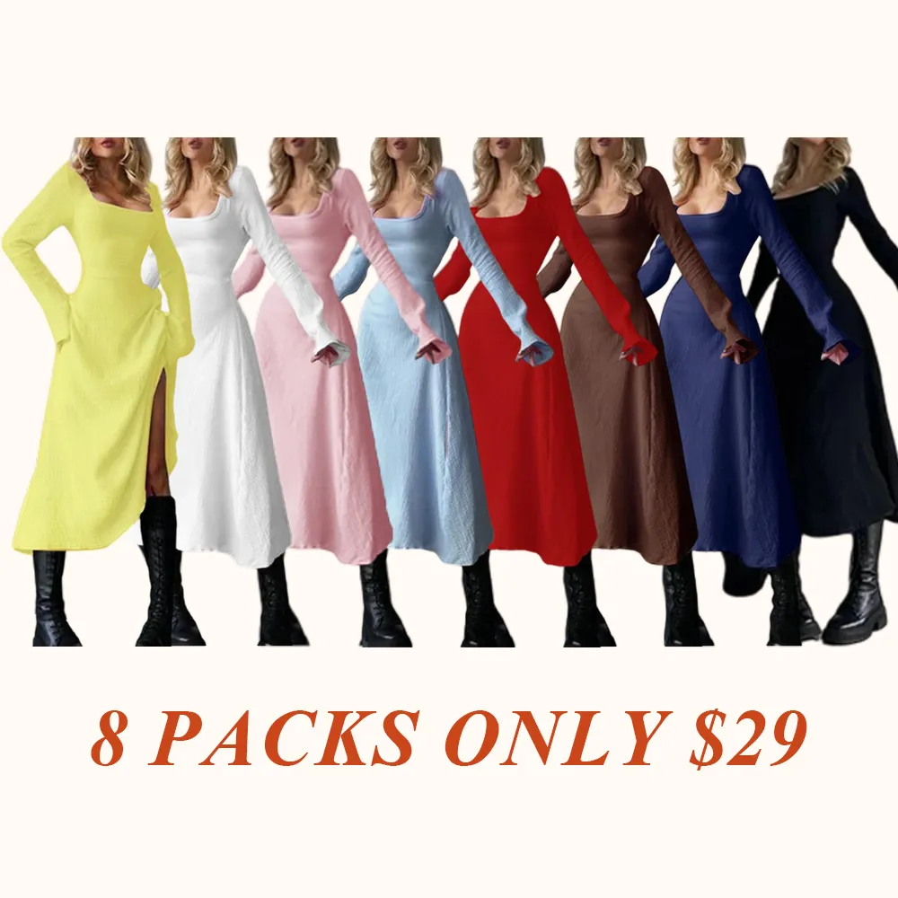 Women's Plain Lace Up Tie Back Flounce Sleeve Dress