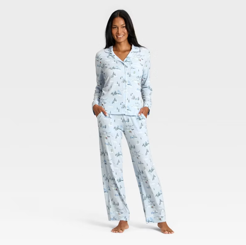 Women's Cloud Knit Modal Long Sleeve Notch Collar Top and Pants Pajama Set - AudenTM Blue