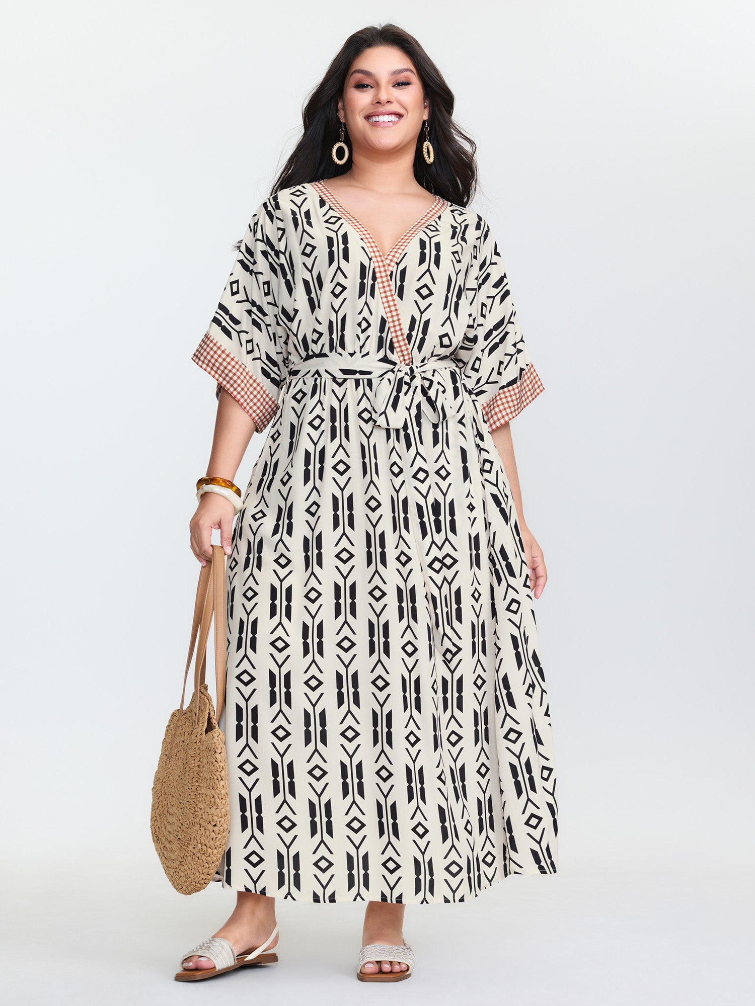 Geometric Print Pockets Surplice Maxi Dress