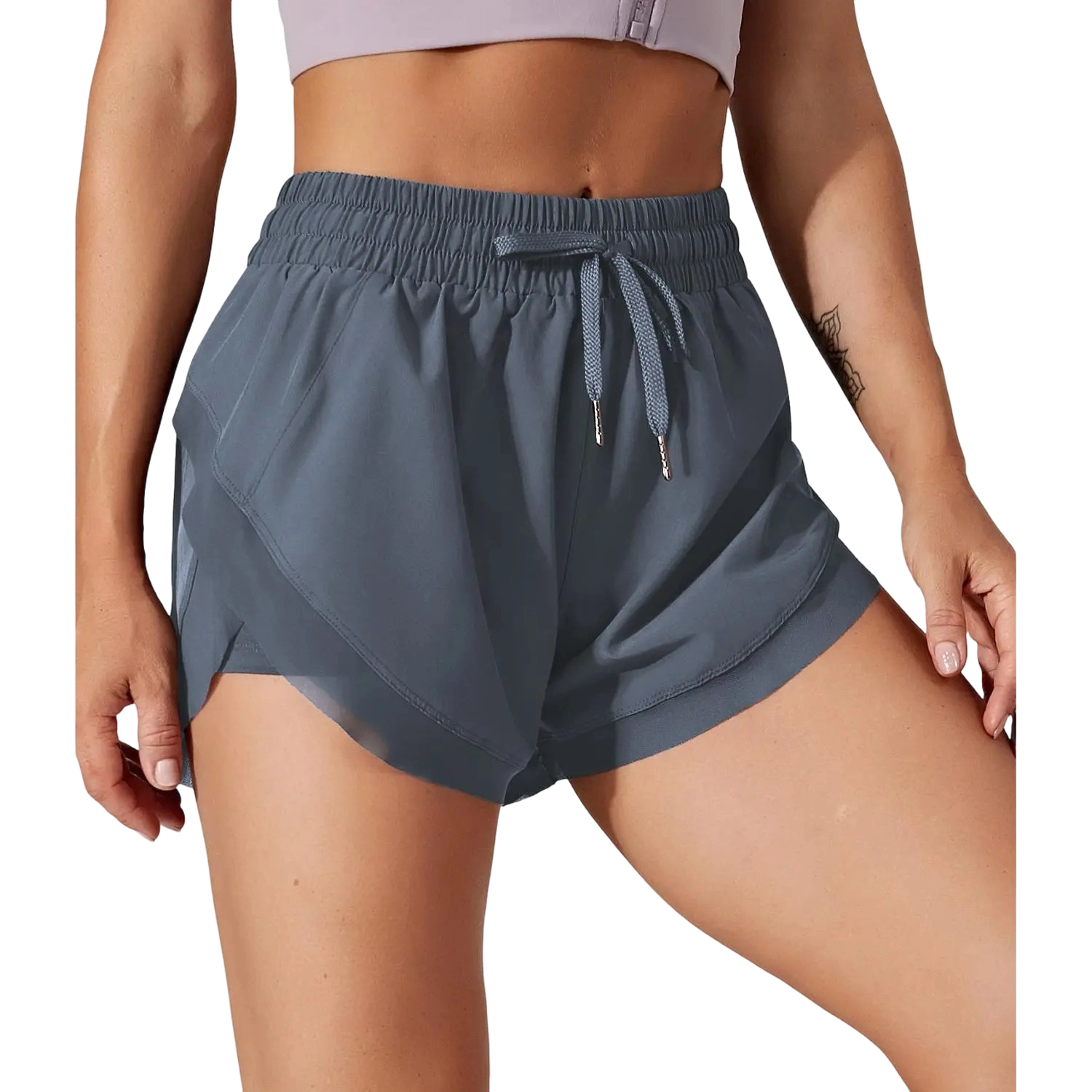 Women’s 2-in-1 Mesh Active Shorts – Flowy Overlay & Adjustable Drawstring