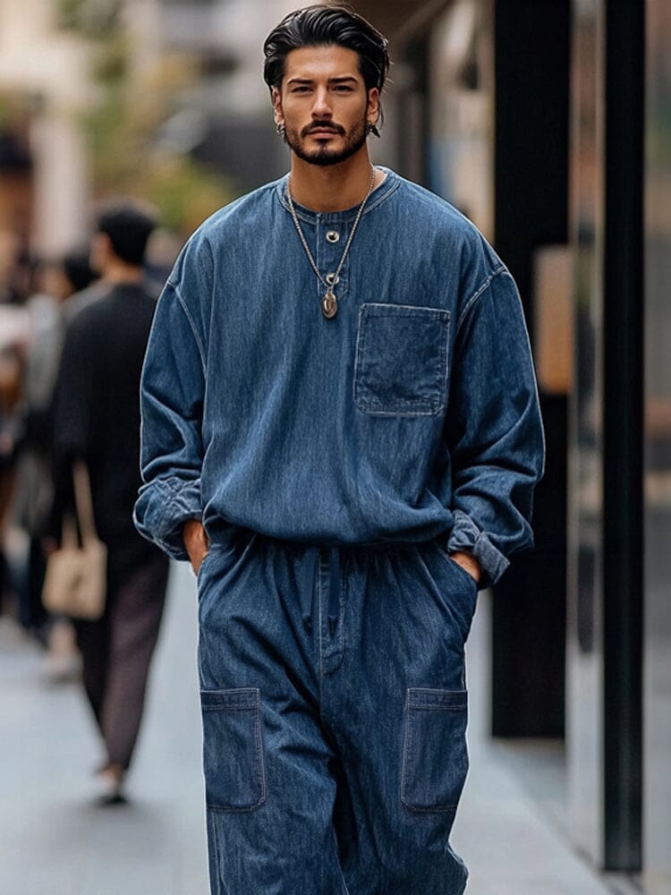Vintage-Inspired Denim Cargo 2-Piece Set