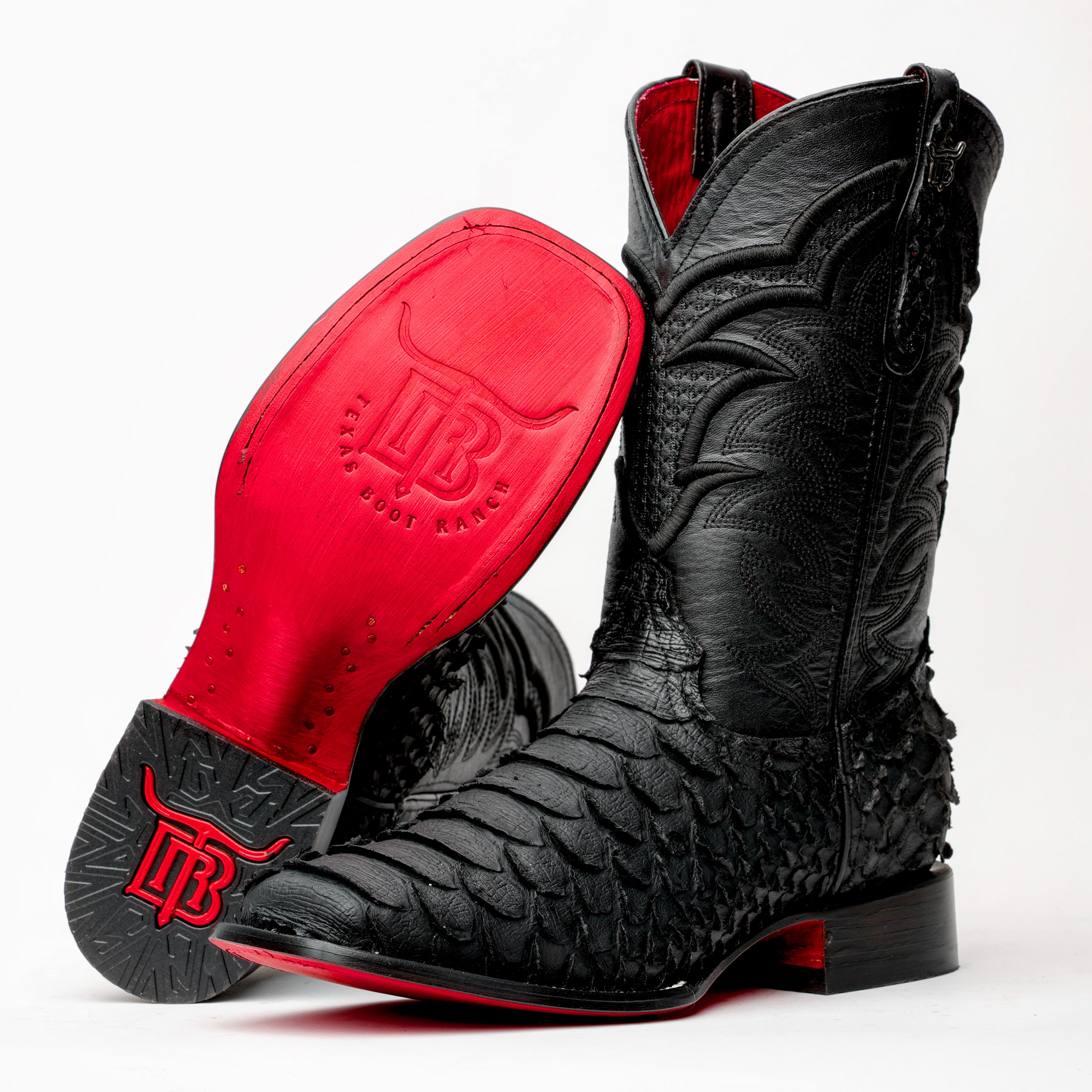 Matte Black Jumbo Python Leather Boots - Square Toe