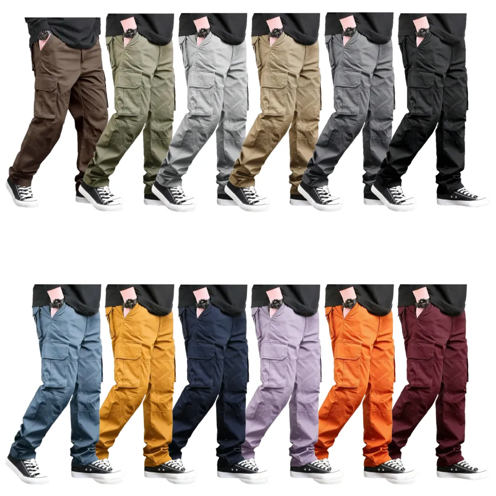 Men's loose-fitting, solid-color casual cargo pants with slanted side pockets and a drawstring waist