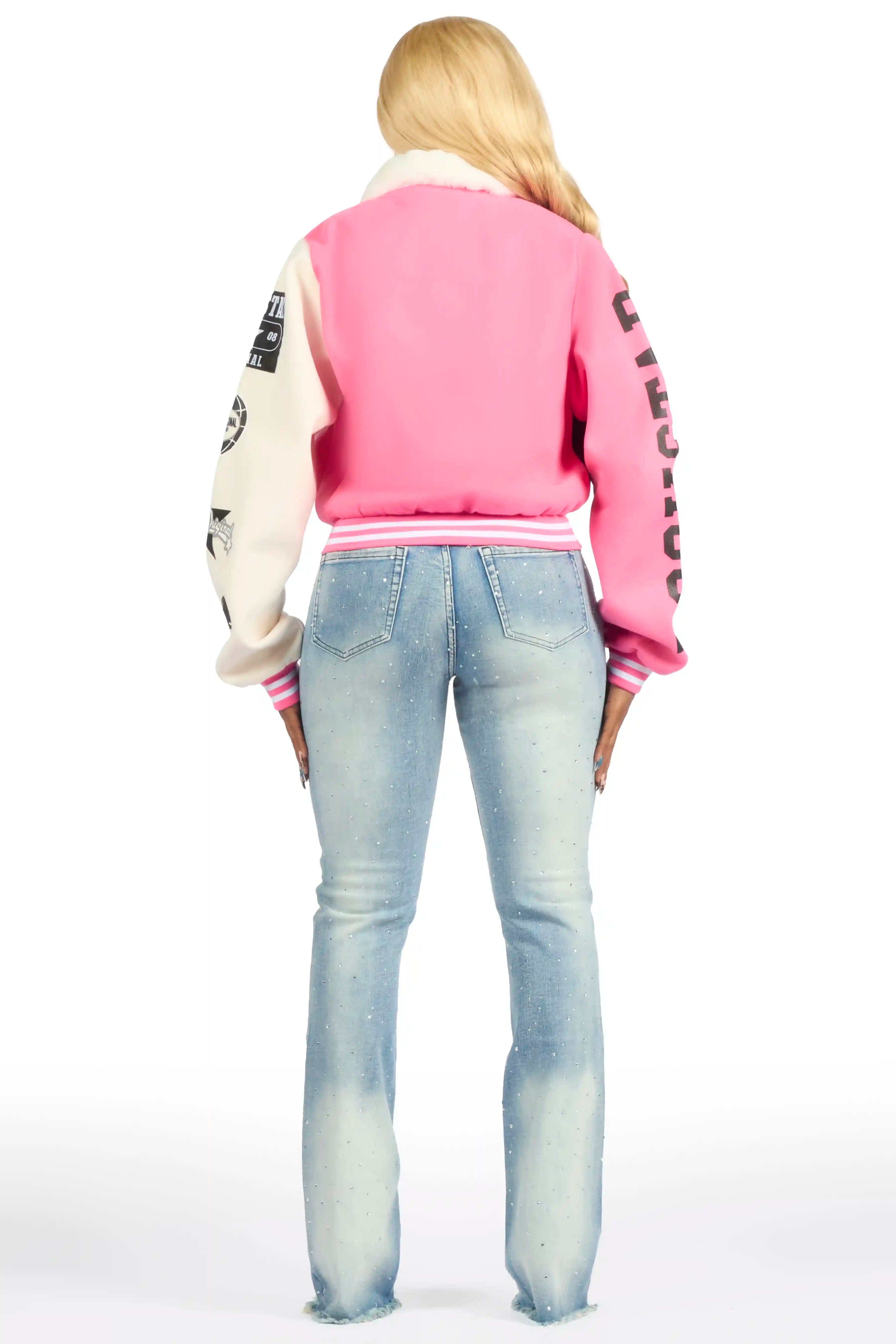 Kisha Pink/Black/White Fur Collar Varsity Jacket