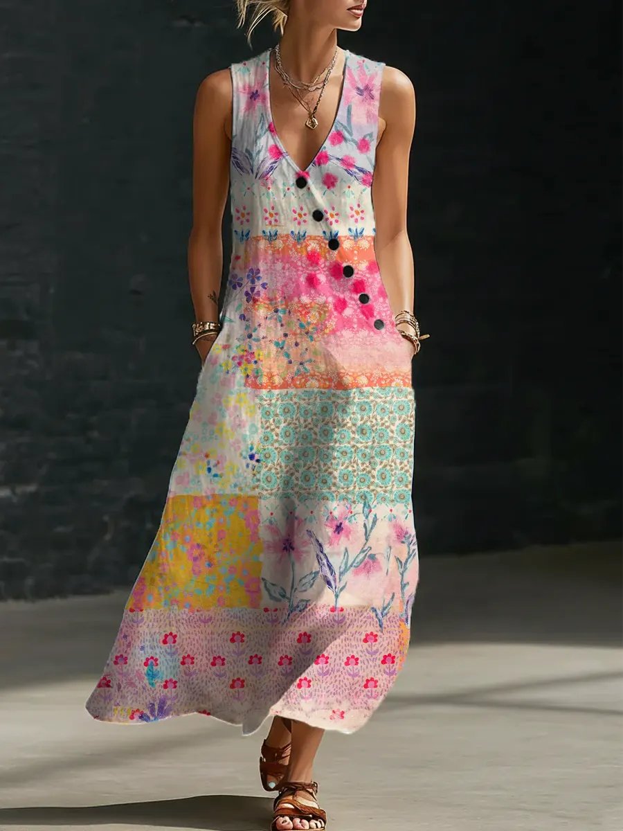 Women's Floral Pattern Art Print Casual Cotton Linen Dress- Fast Shipping