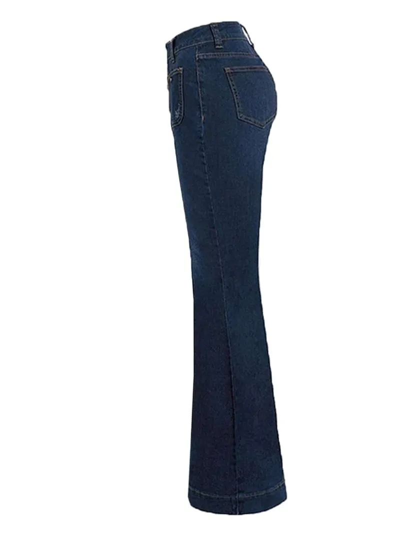 Women's Plain Button Pocket Flare Leg Jeans, Casual Bell Bottom Trousers for Daily Wear