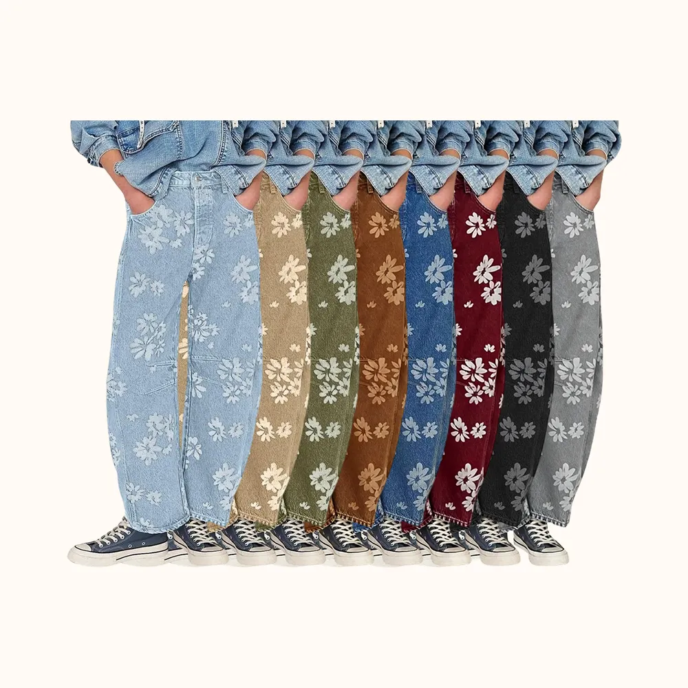 Women's Simple Floral Jeans Y2K Loose Wide-Leg Jeans Boyfriend Style Printed Stitching Jeans